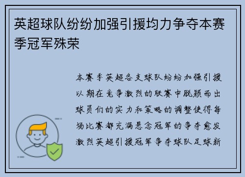 英超球队纷纷加强引援均力争夺本赛季冠军殊荣