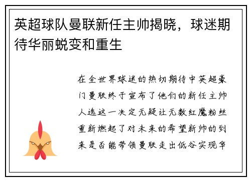 英超球队曼联新任主帅揭晓，球迷期待华丽蜕变和重生