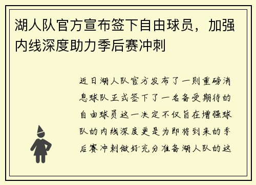湖人队官方宣布签下自由球员，加强内线深度助力季后赛冲刺