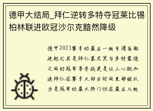 德甲大结局_拜仁逆转多特夺冠莱比锡柏林联进欧冠沙尔克黯然降级