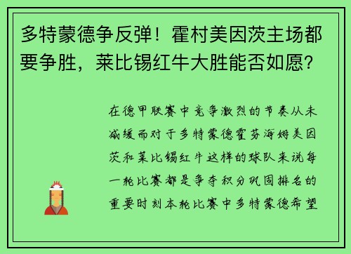 多特蒙德争反弹！霍村美因茨主场都要争胜，莱比锡红牛大胜能否如愿？
